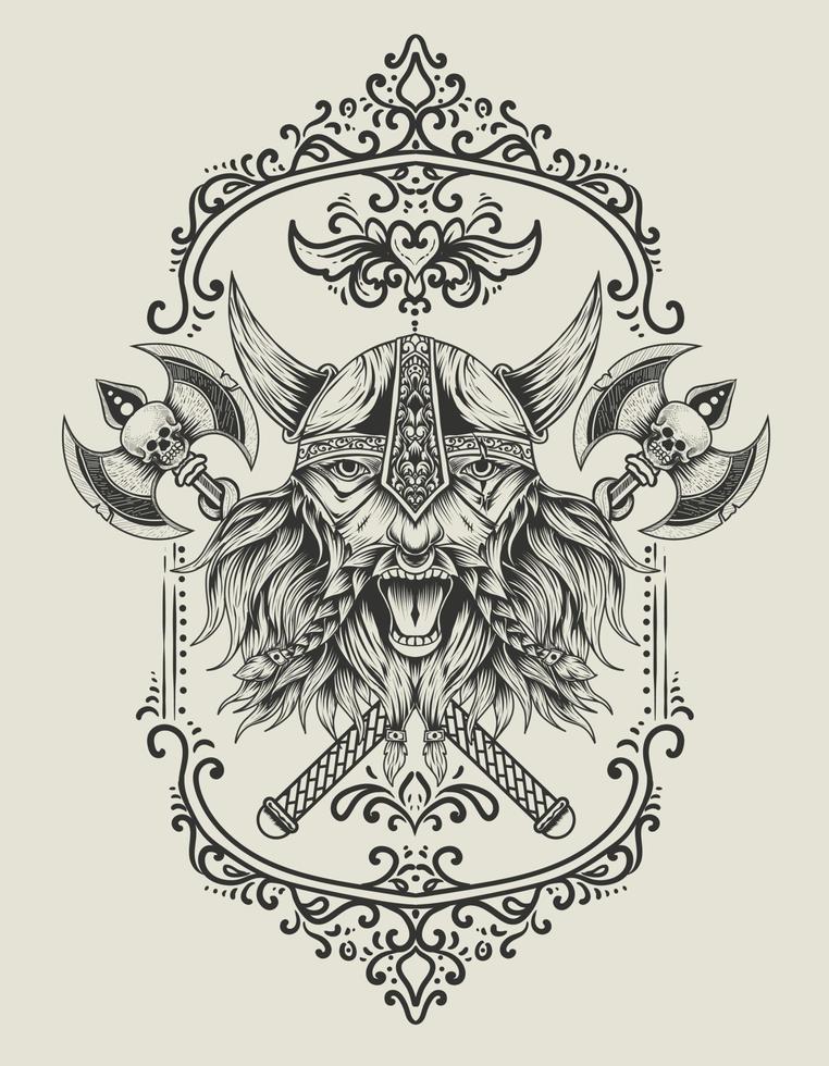 illustration vector viking head with two ax