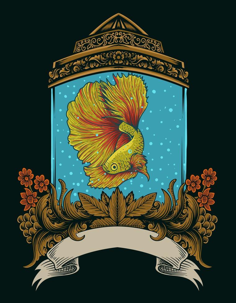 Ilustración vectorial de peces betta con adornos de acuario antiguo vector