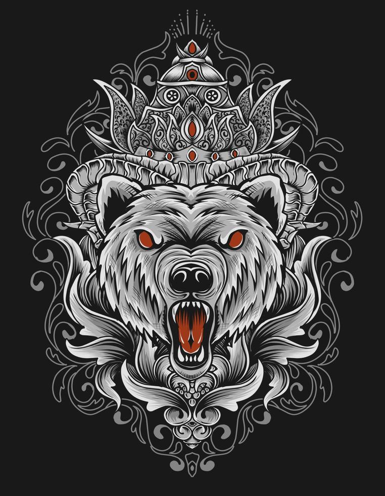 Illustration vector angry Bear head with vintage engraving ornament on black background