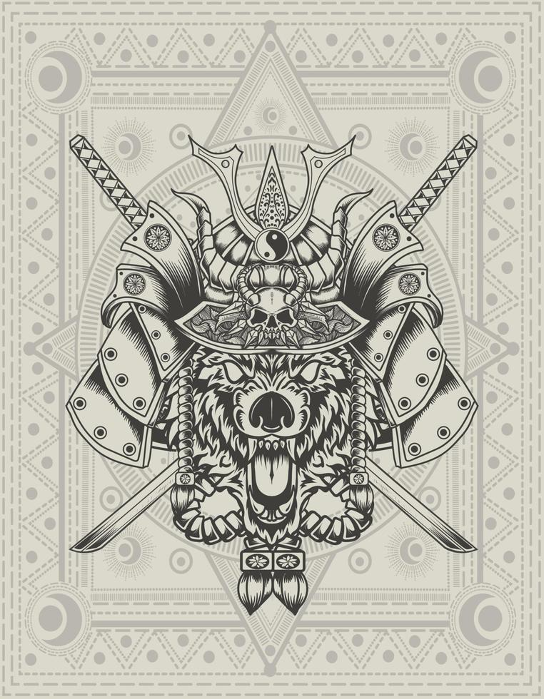illustration vector wolf samurai head with two katana sword