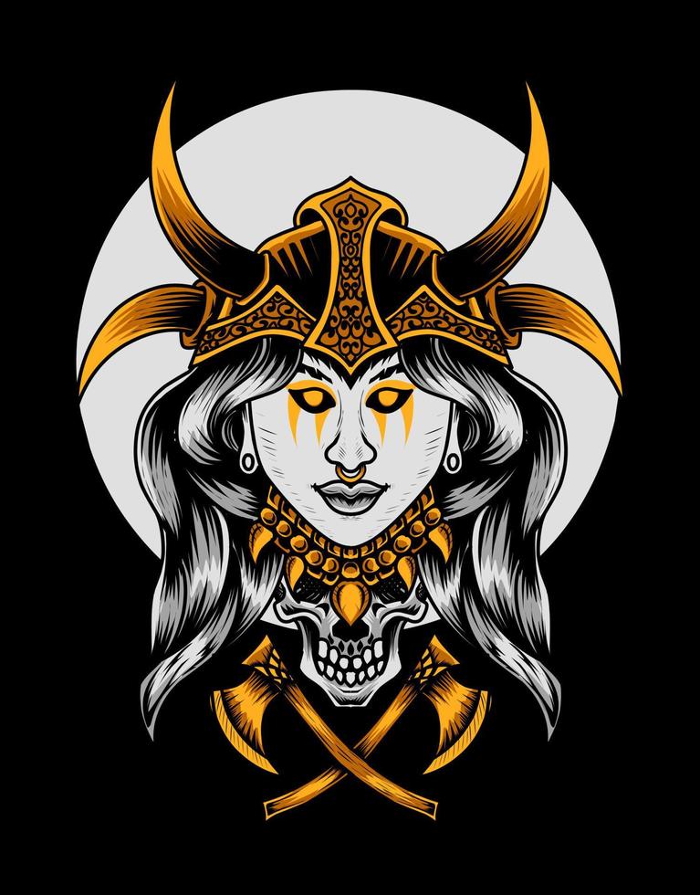 ilustración, vector, vikingo, mujer, cabeza vector