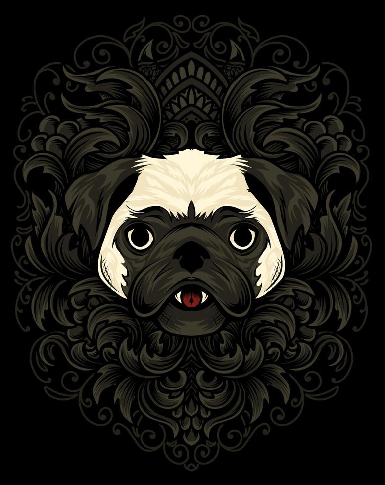 illustration pug dog head with vintage engraving ornament vector