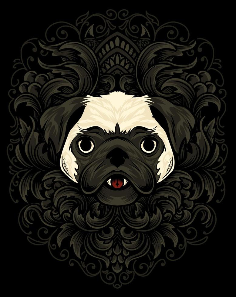 Ilustración cabeza de perro pug con adorno grabado vintage vector