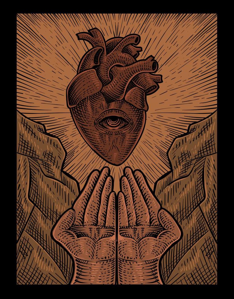illustration antique heart with pray hand engraving style vector