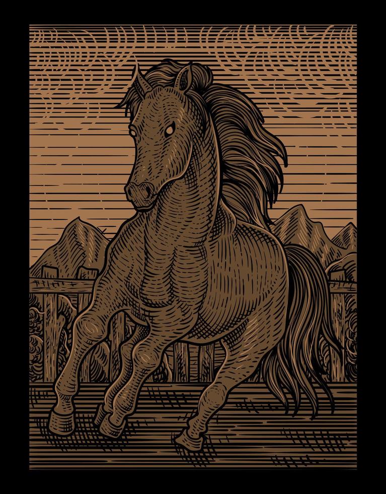 illustration vintage horse with engraving style vector