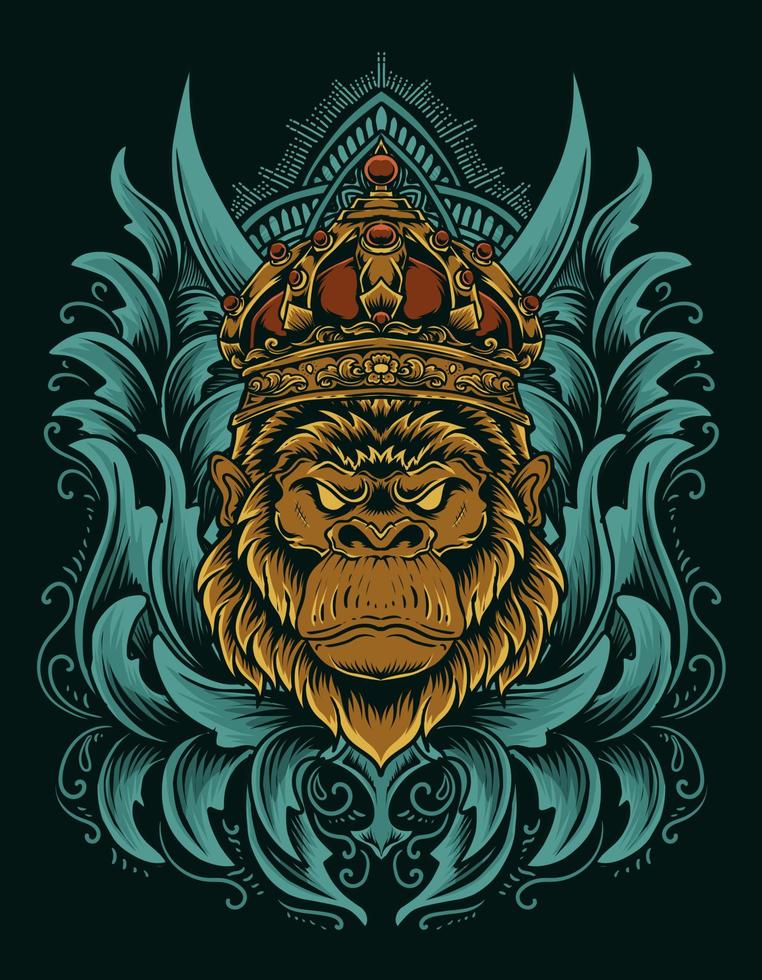 illustration vector gorilla king with engraving ornament