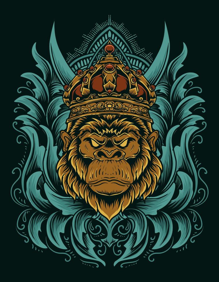 illustration vector gorilla king with engraving ornament