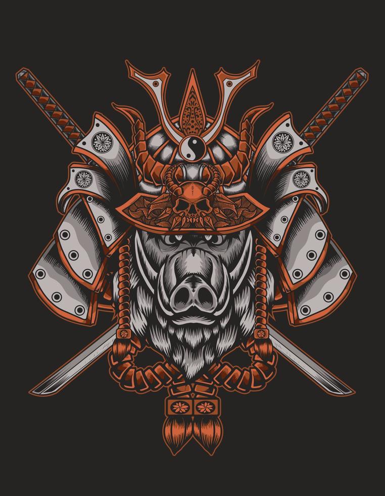 ilustración, vector, samurai, jabalí, cabeza vector