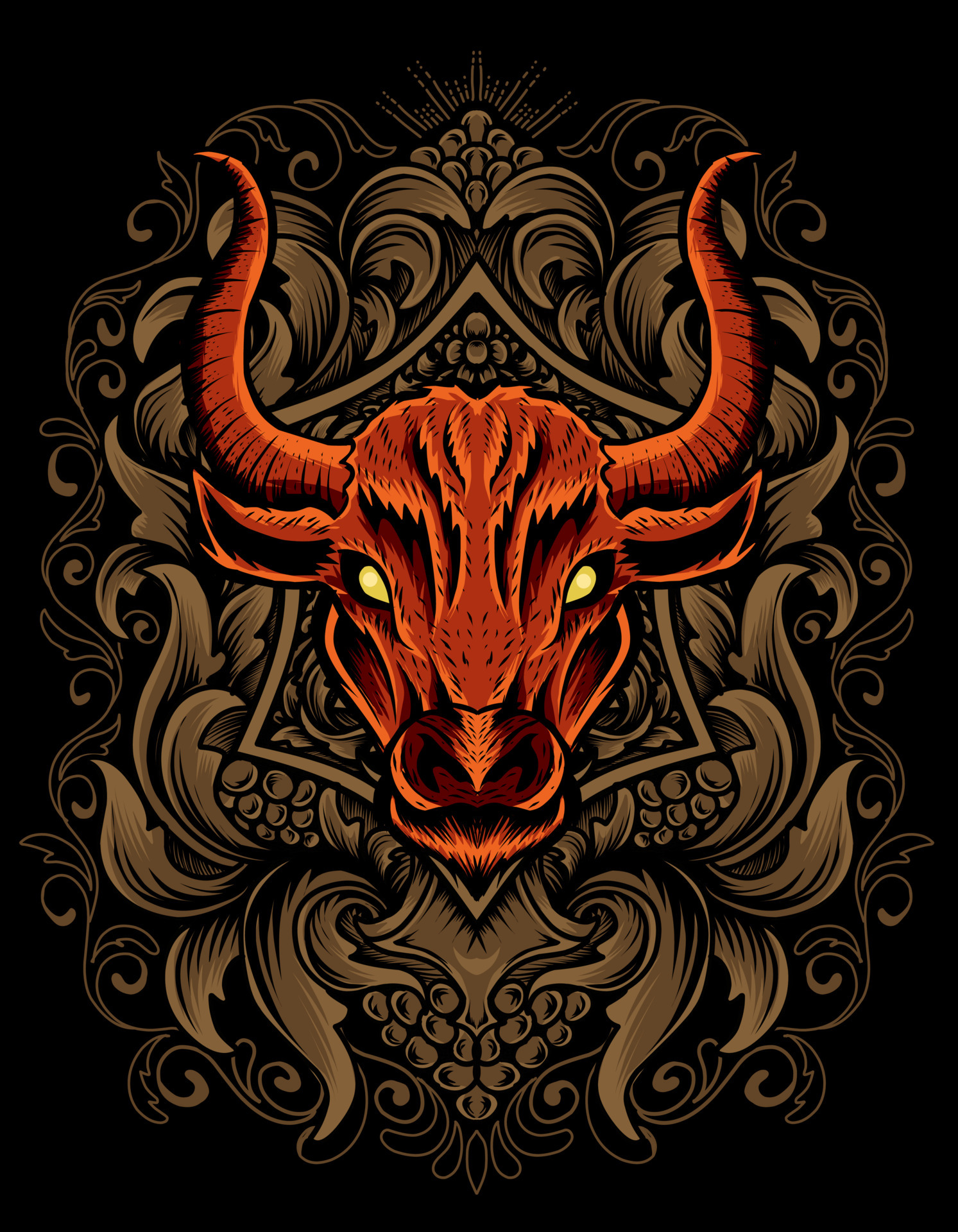 Illustration vector Bull head with vintage engraving ornament on black  background 4725072 Vector Art at Vecteezy