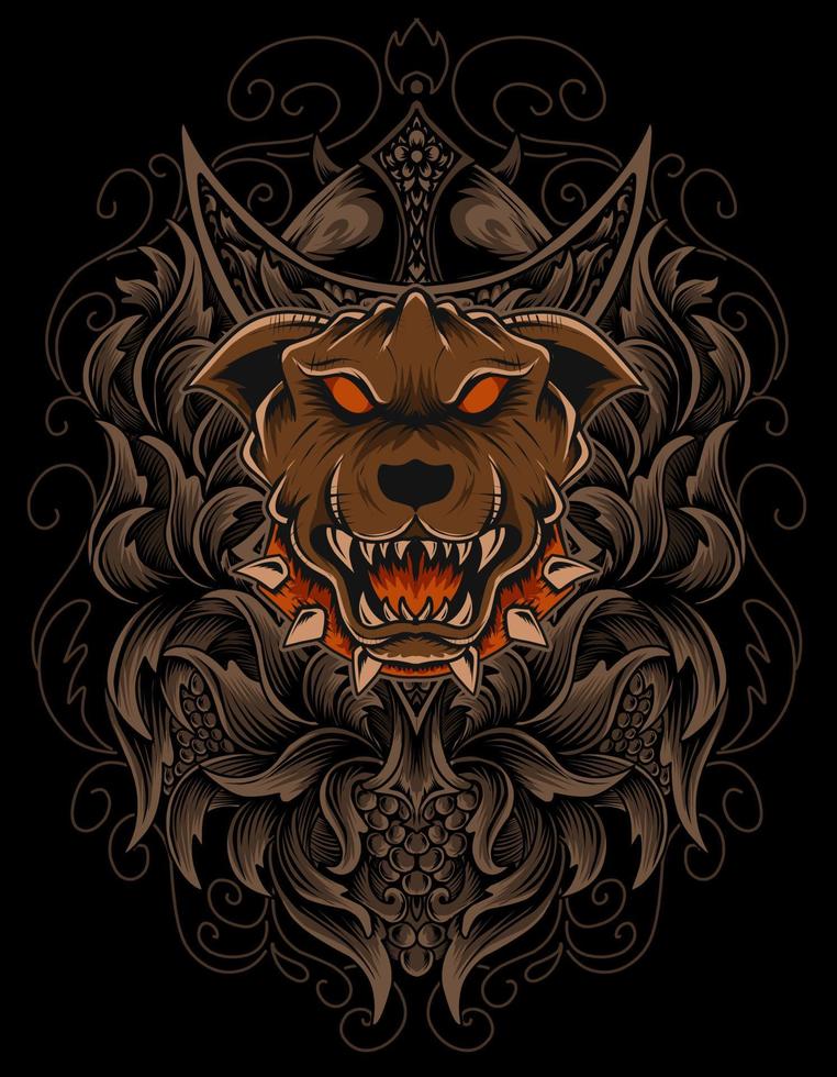 Illustration vector Dog head with vintage engraving ornament on black background.