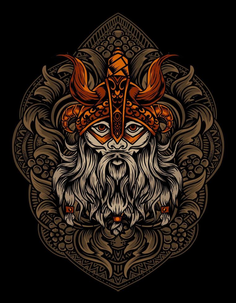 illustration vector viking head with vintage engraving ornament