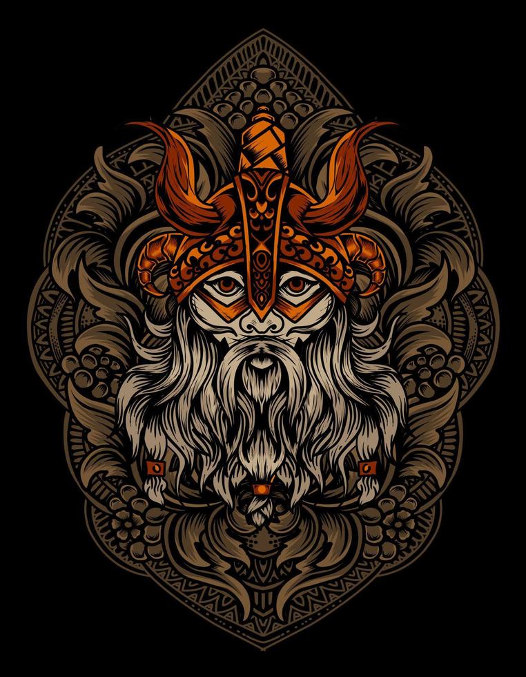 Ilustración vectorial cabeza de vikingo con adornos de grabado vintage vector