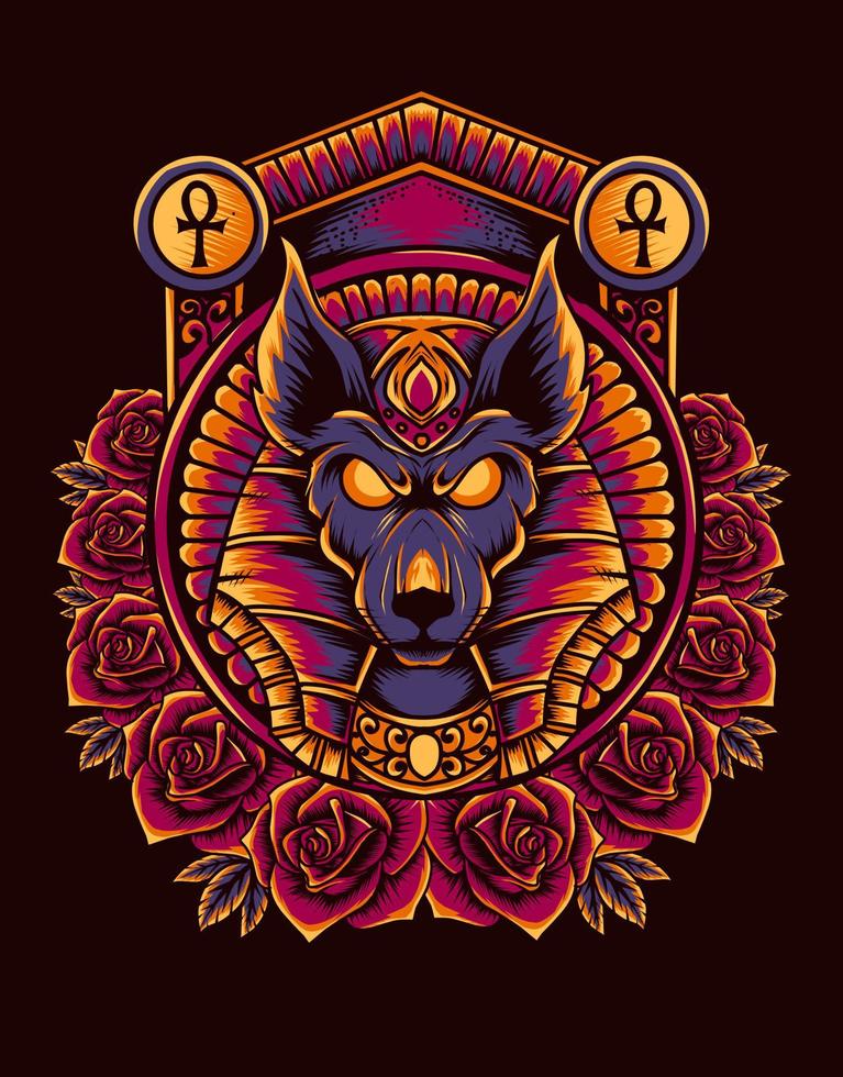 Ilustración de cabeza de anubis con adorno de rosa vector