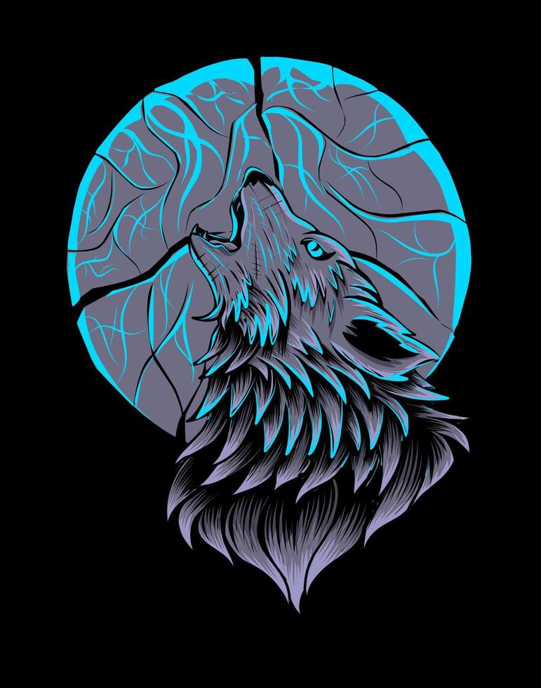 illustration vector roaring wolf on the moon