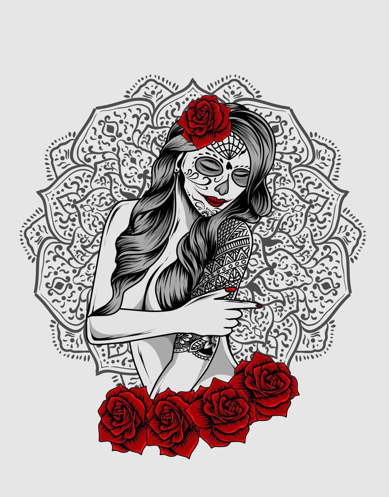 ilustración, vector, azúcar, cráneo, mujer, tatuaje, con, flor rosa vector