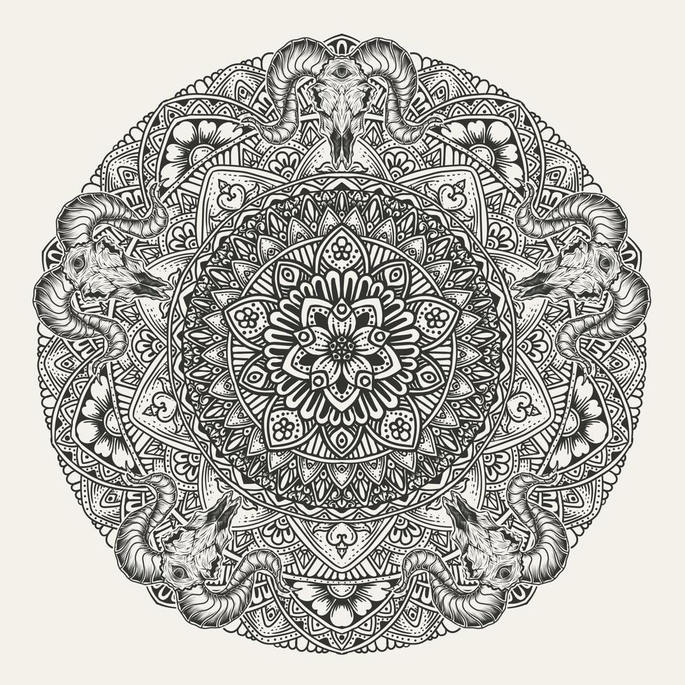 elegante círculo mandala con calavera de cabra sobre fondo blanco vector