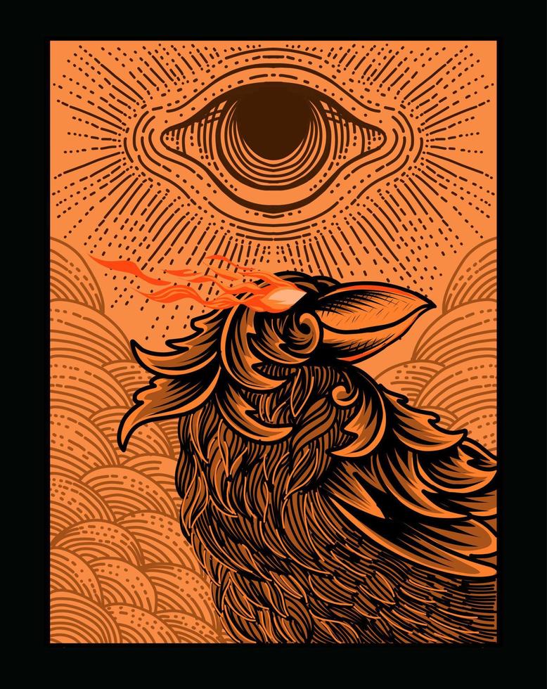 Ilustración pájaro cuervo con ojos illuminati de miedo vector