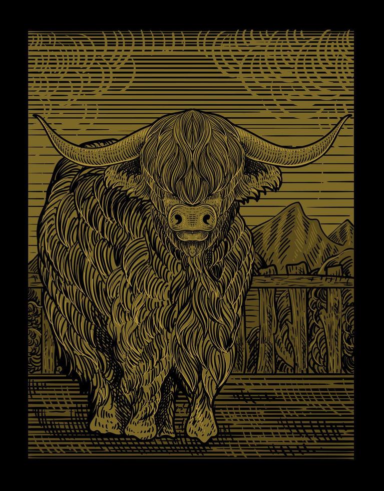 illustration vintage bull with engraving style vector