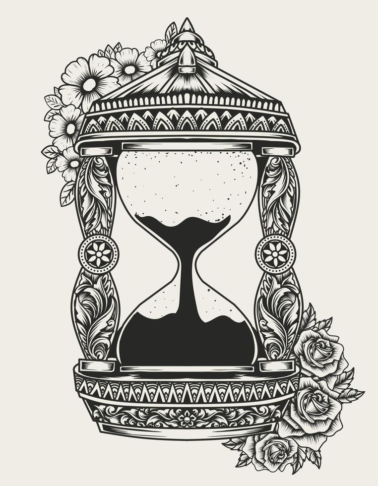 reloj de arena de vector de ilustración con adorno de flor