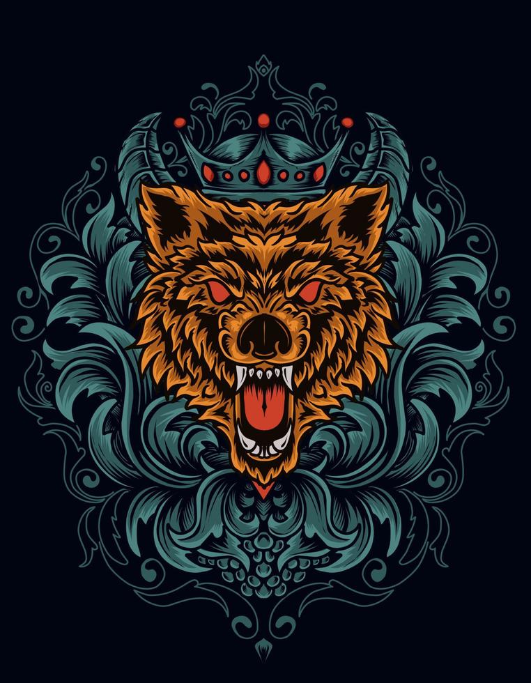 Ilustración vector cabeza de lobo enojado con adornos antiguos