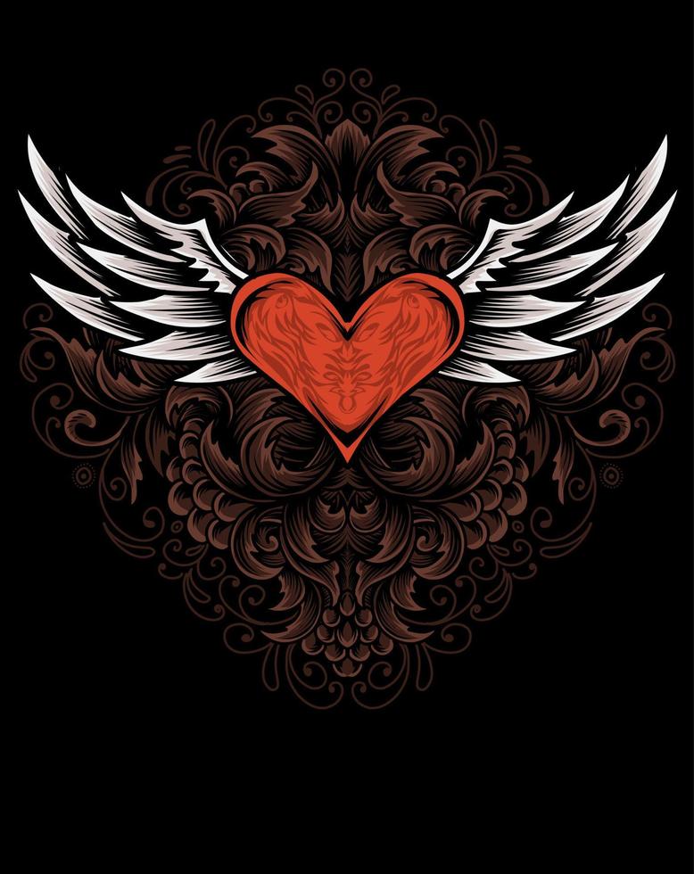 Ilustración de alas de corazón con adornos de grabado vintage vector
