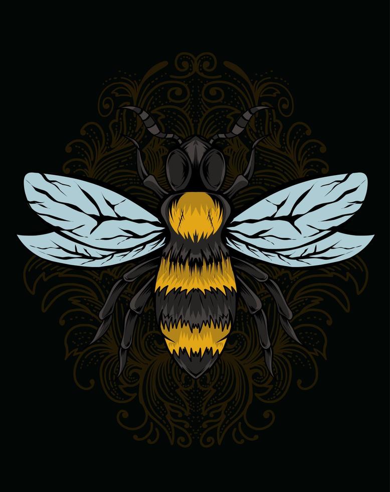 illustration bee insect with engraving ornament vector