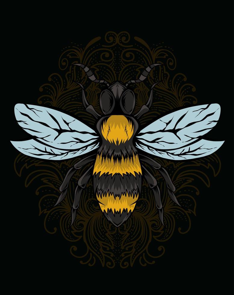 Ilustración de insecto abeja con adorno grabado vector