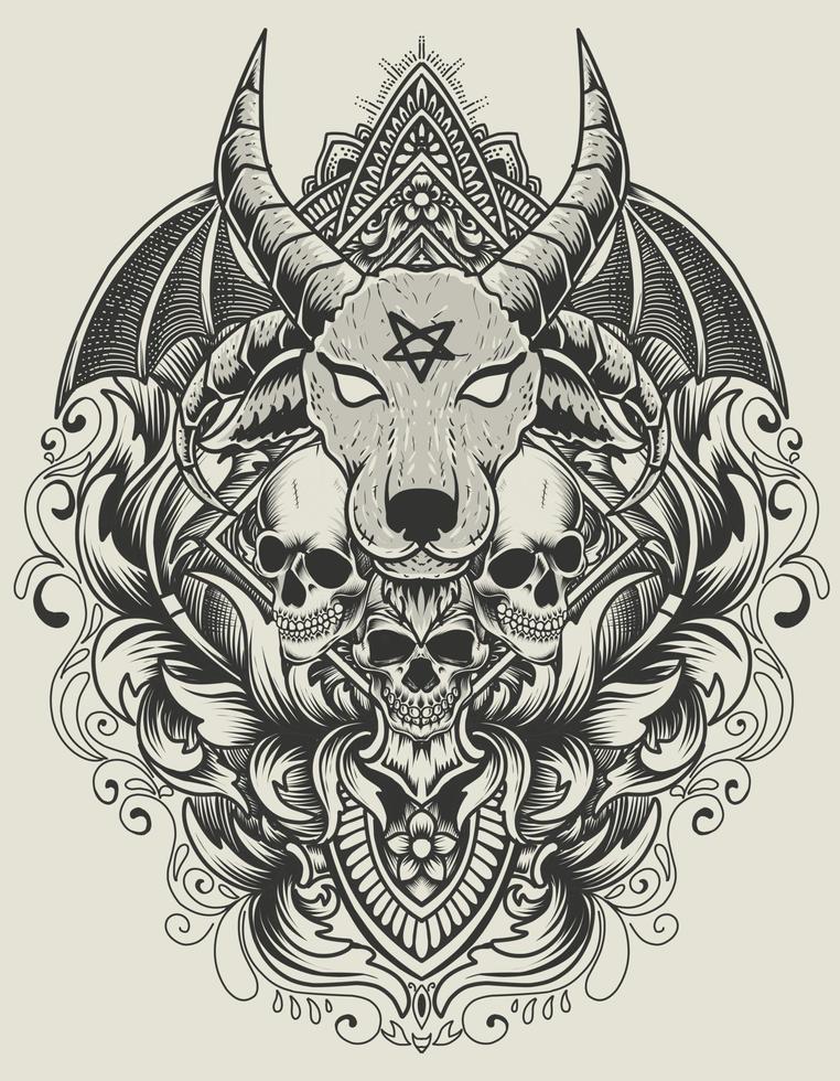 illustration vector baphomet head with skull on engraving vintage ornament