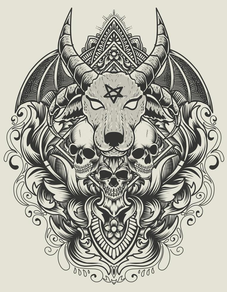 Ilustración vectorial cabeza de baphomet con calavera en grabado adorno vintage vector