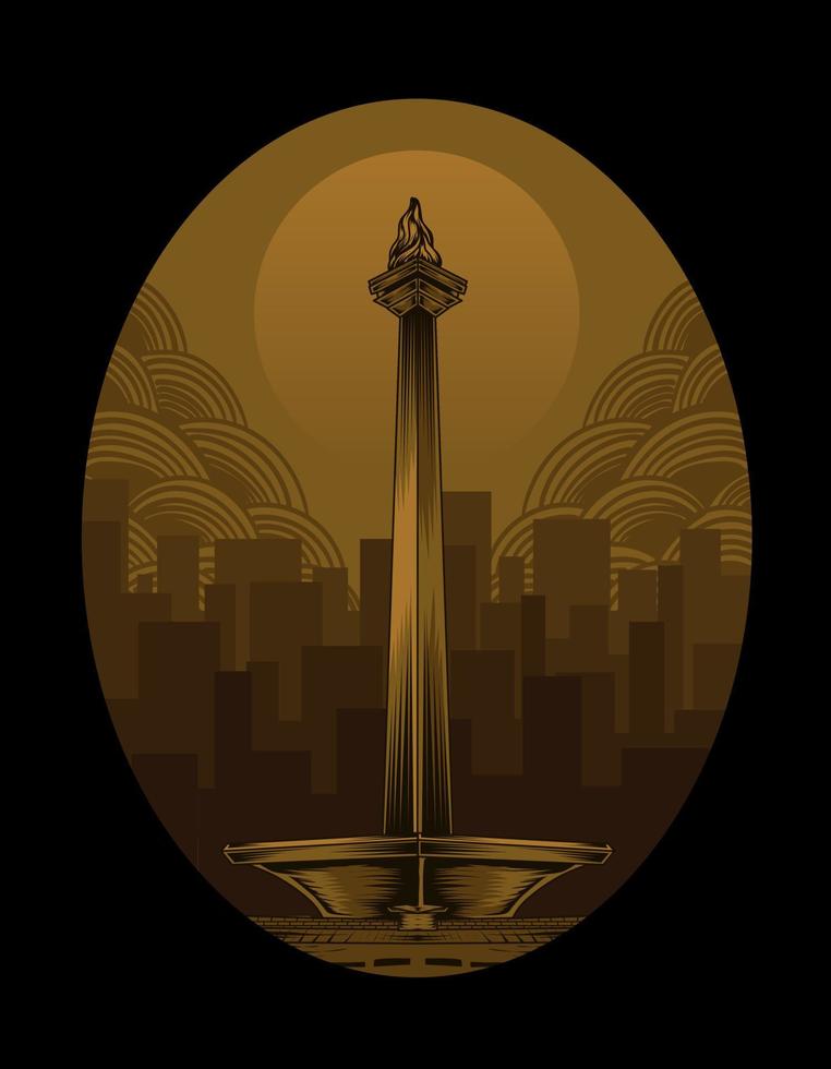 ilustración, monas, jakarta, señal, icono, en, fondo negro vector