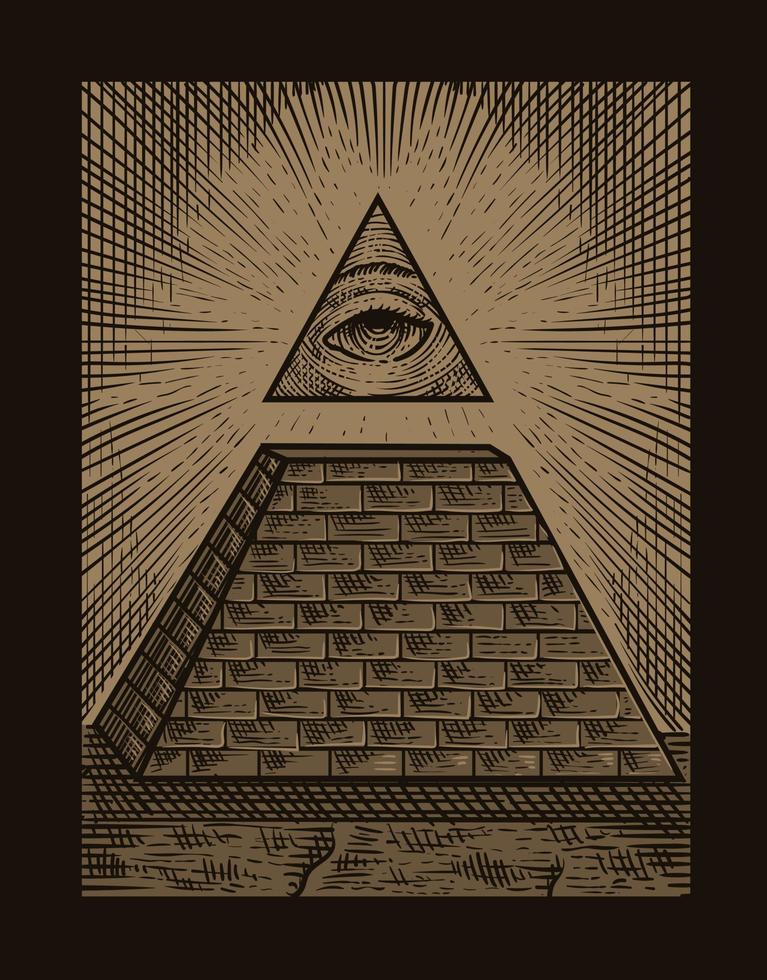 Ilustración de la pirámide illuminati con estilo de grabado vector