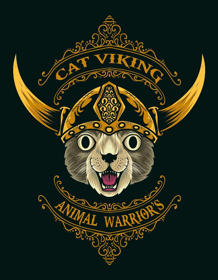 ilustración, vector, vikingo, gato, cabeza, con, patrón, ornamento vector