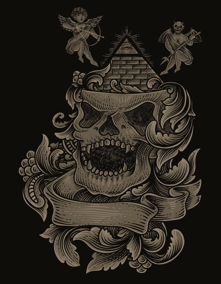 illustration skull illuminati with vintage engraving ornament vector