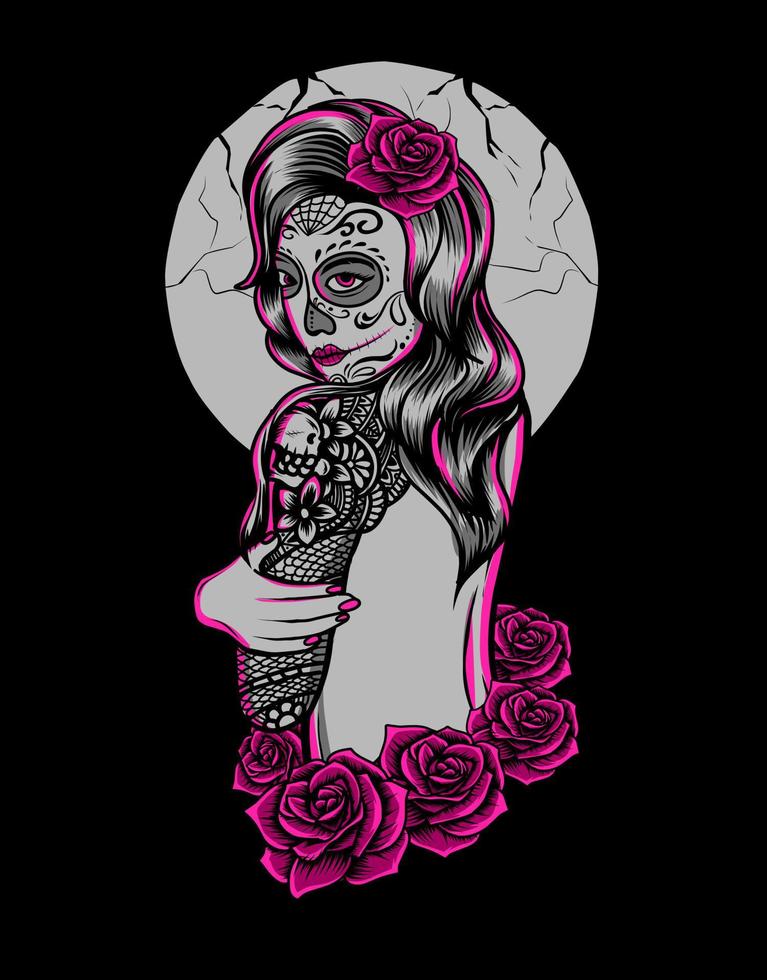 ilustración, vector, azúcar, cráneo, mujer, tatuaje, con, flor rosa vector