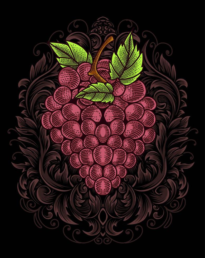 illustration red grape with engraving ornament vector