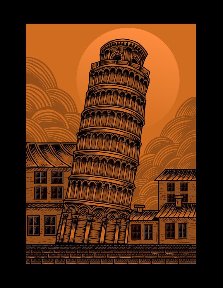 Torre de grabado vintage ilustración con estilo de grabado vector