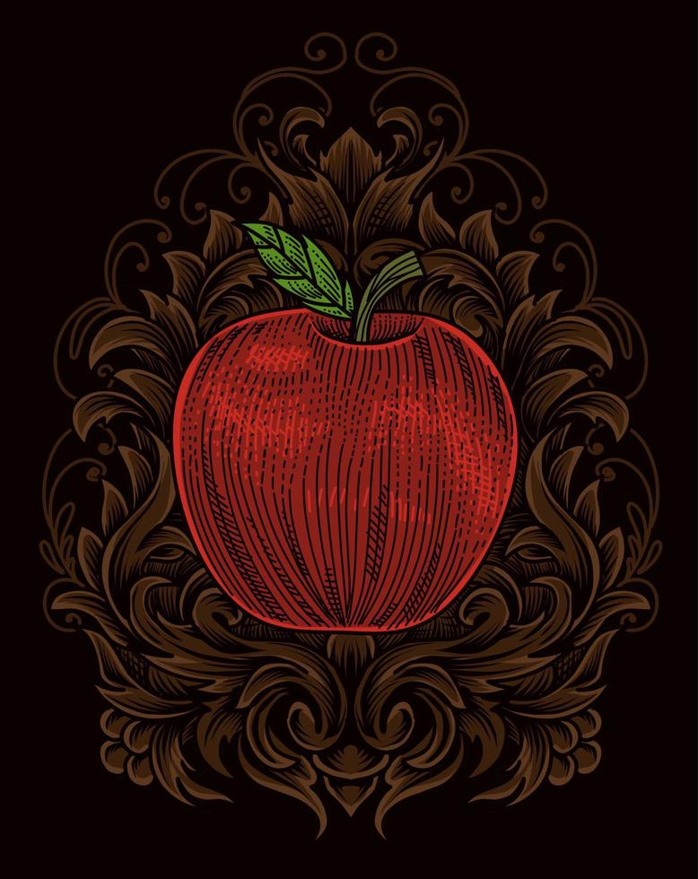 illustration red apple with engraving ornament vector