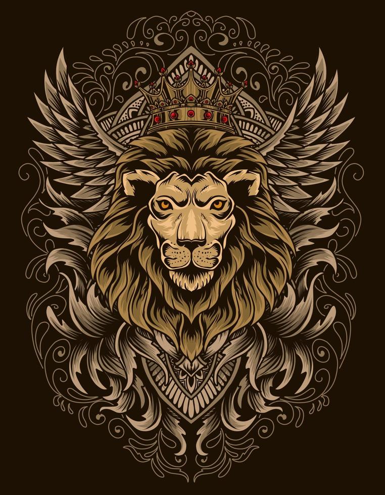 illustration vector lion head with vintage engraving ornament