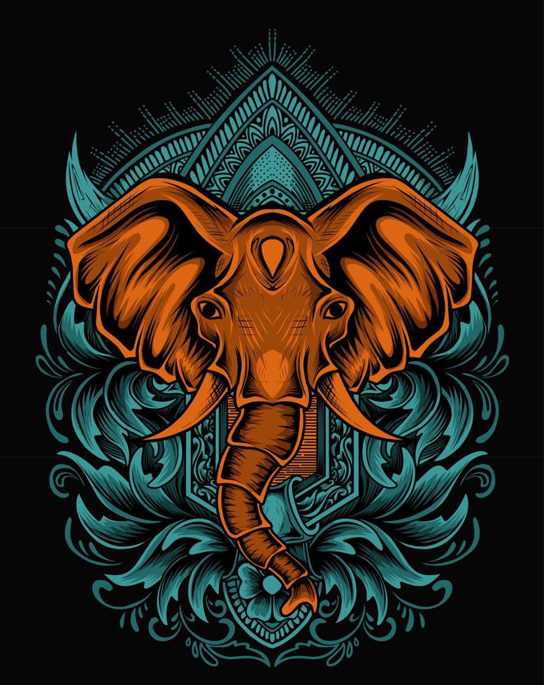 Ilustración cabeza de elefante con adorno grabado vintage vector