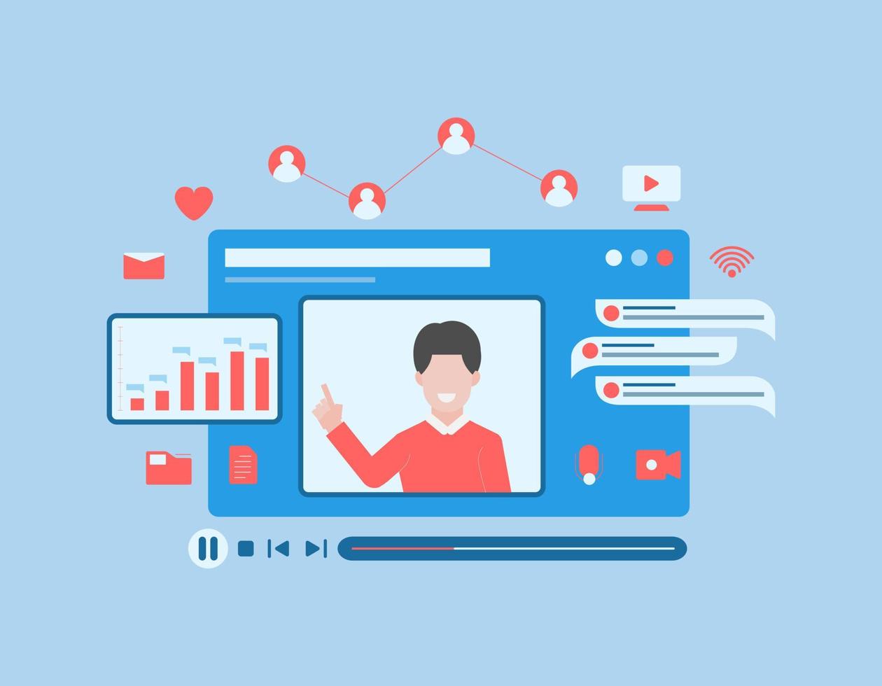 online video conference concept with people give media learning content with line style vector