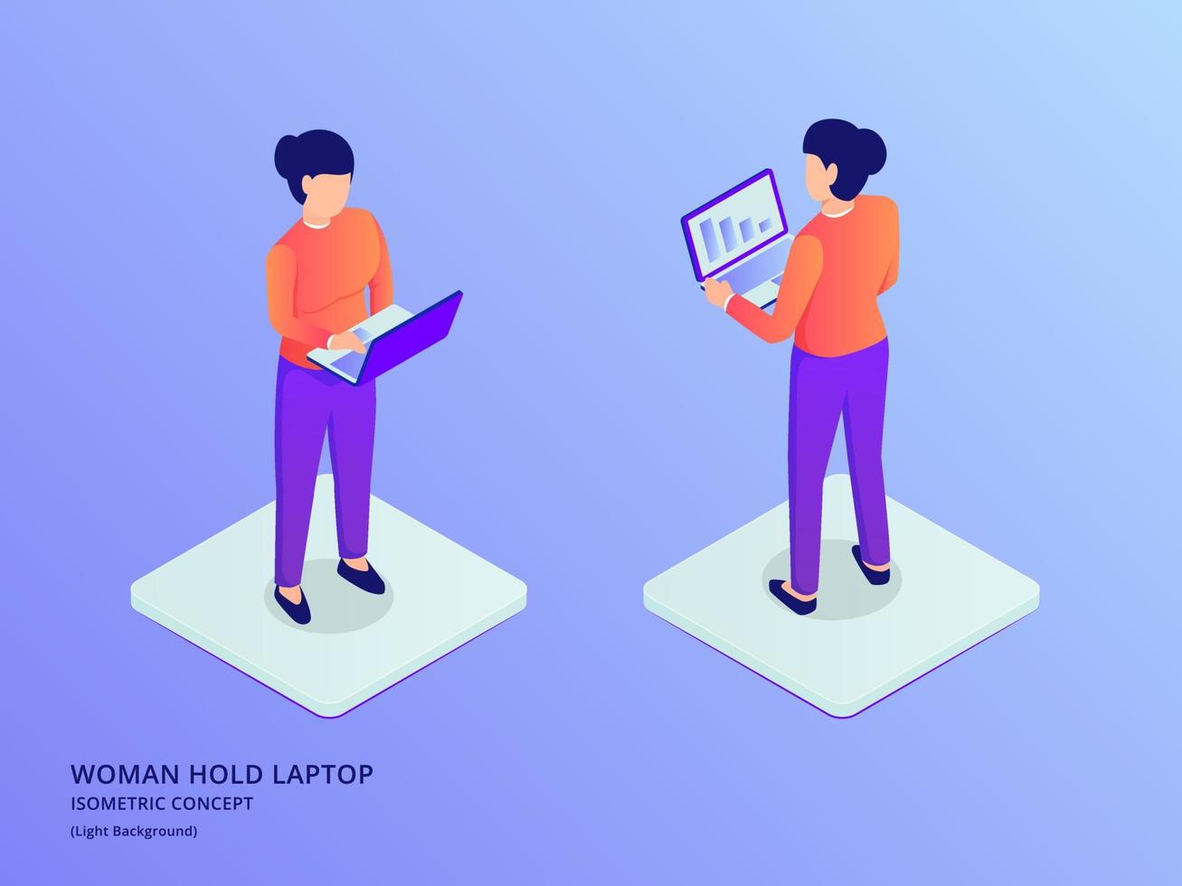 woman or girl using laptop standing with isometric flat style vector