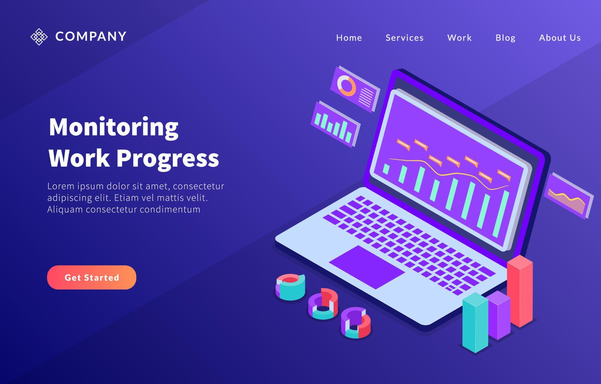 monitoring work progress concept online with computer and data analysis