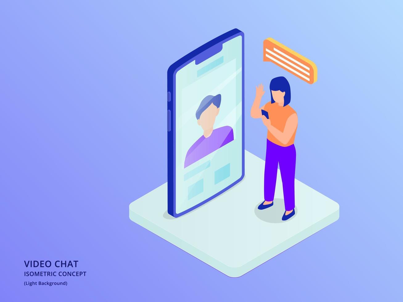 online video chat with woman and man with smartphone and people standing with isometric flat style vector