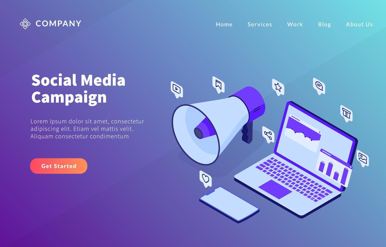 social media campaign concept with laptop dana analysis and loud speaker megaphone for website template or landing homepage vector