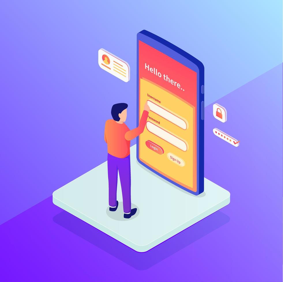 concepto de inicio de sesión con nombre de usuario y contraseña de seguridad, acceso permanente de personas con estilo plano isométrico vector