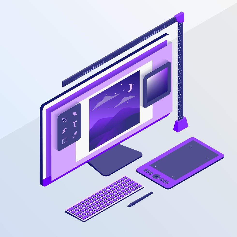 graphic design concept with computer and design sketch tools with isometric flat style vector