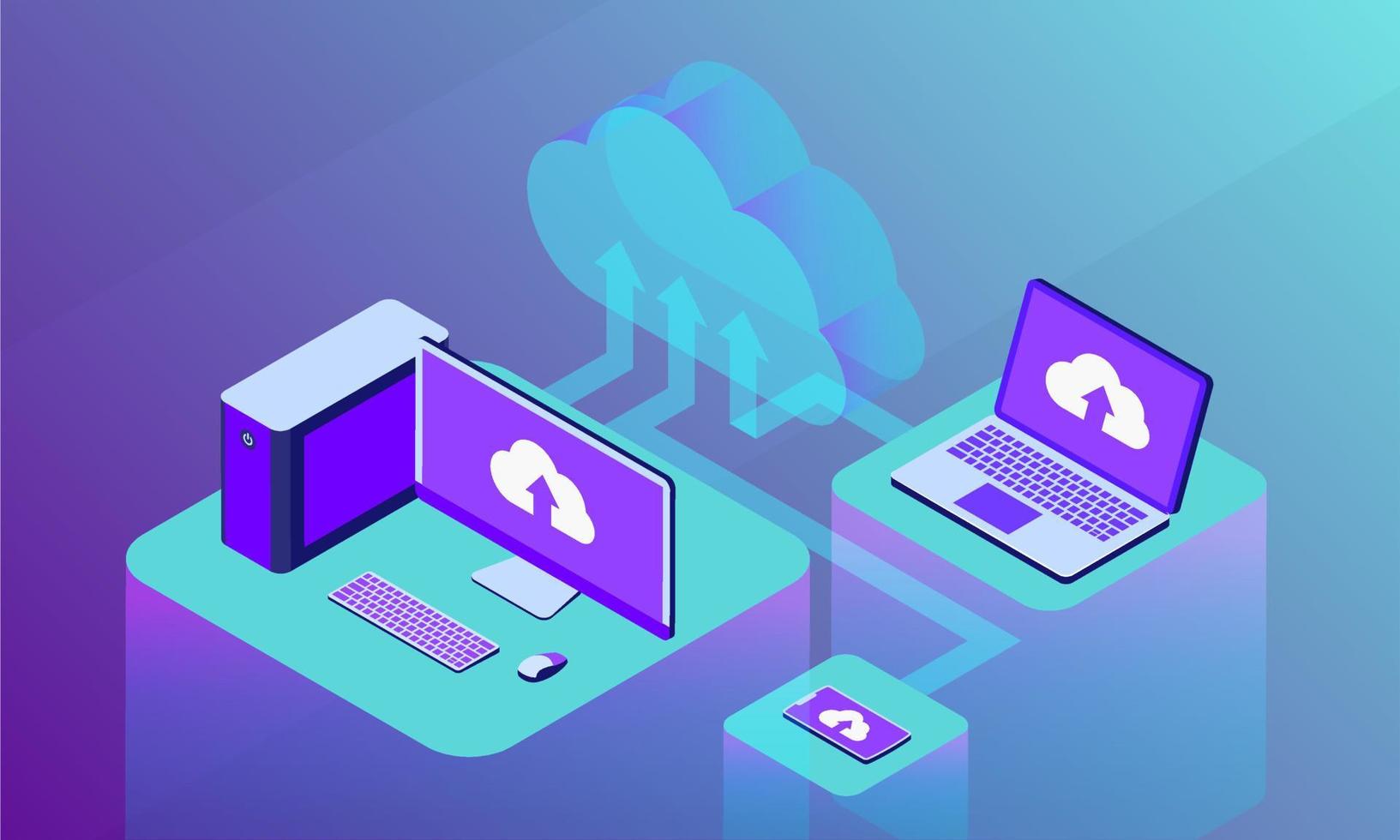 cloud storage upload and store data digital with computer server and database with isometric flat style vector