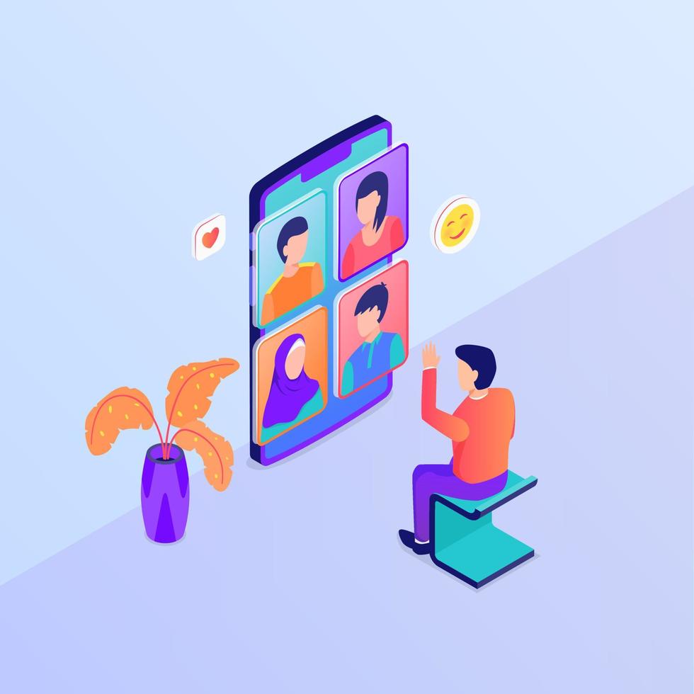 video call group discussion concept with man video calls using big smartphone with isometric style vector