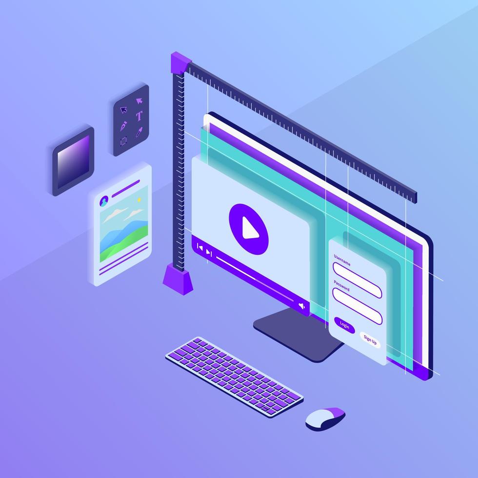 interface or visual design website development with monitor computer screen with isometric style vector
