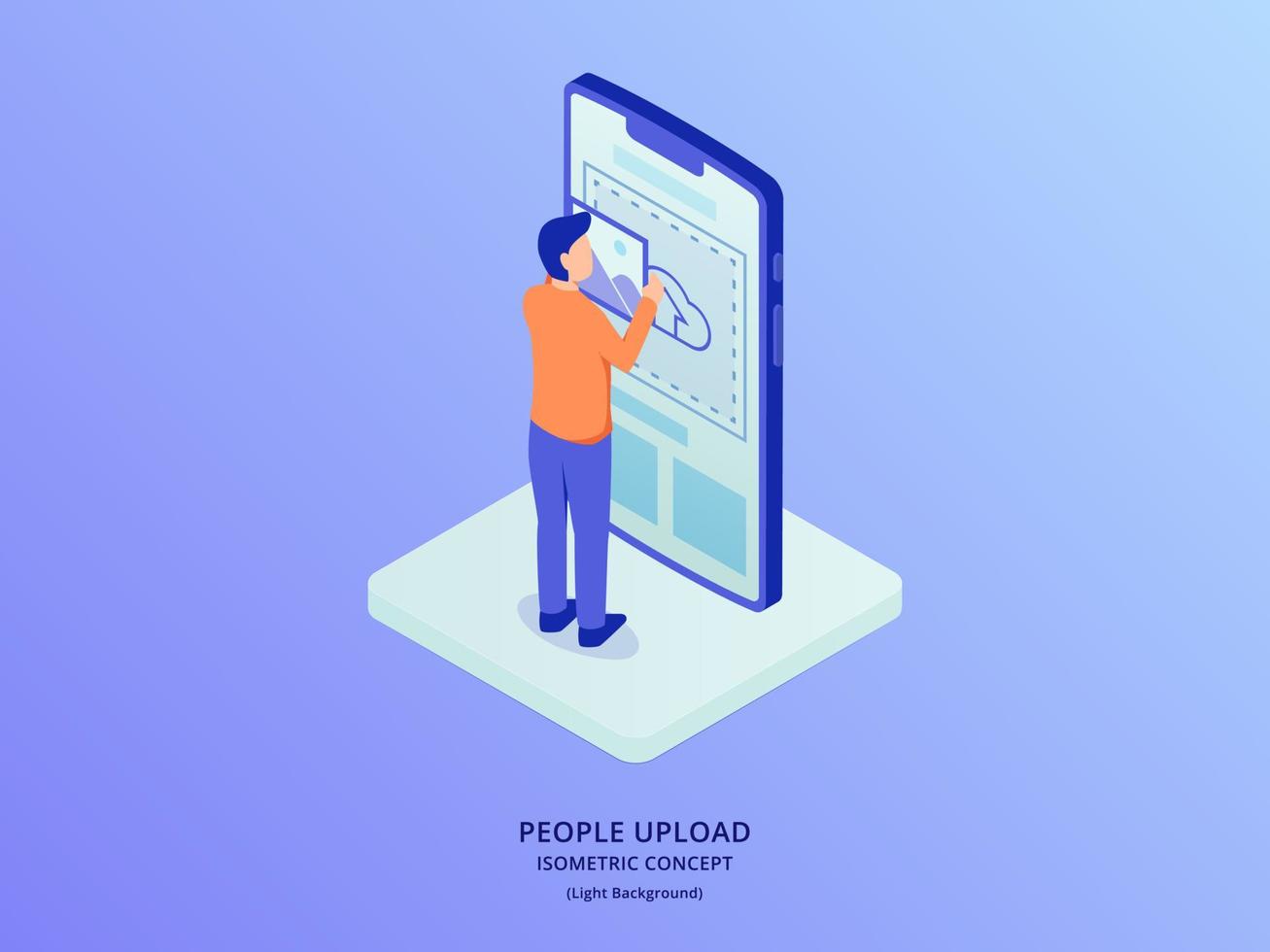 man upload image file to social media sharing with isometric style vector